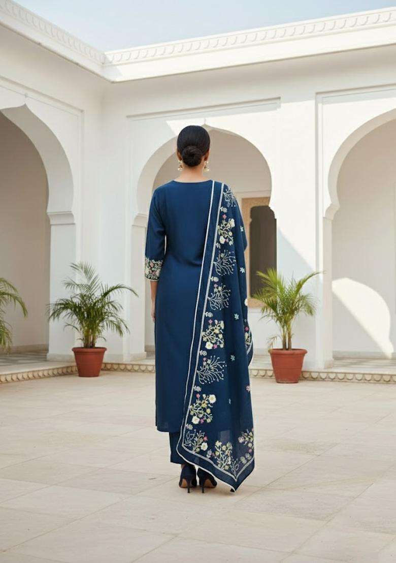 Teal Blue Embroidery Silk Salwar Kameez - Indya