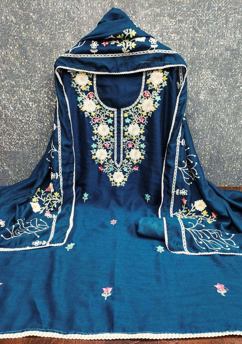 Teal Blue Embroidery Silk Salwar Kameez - Indya