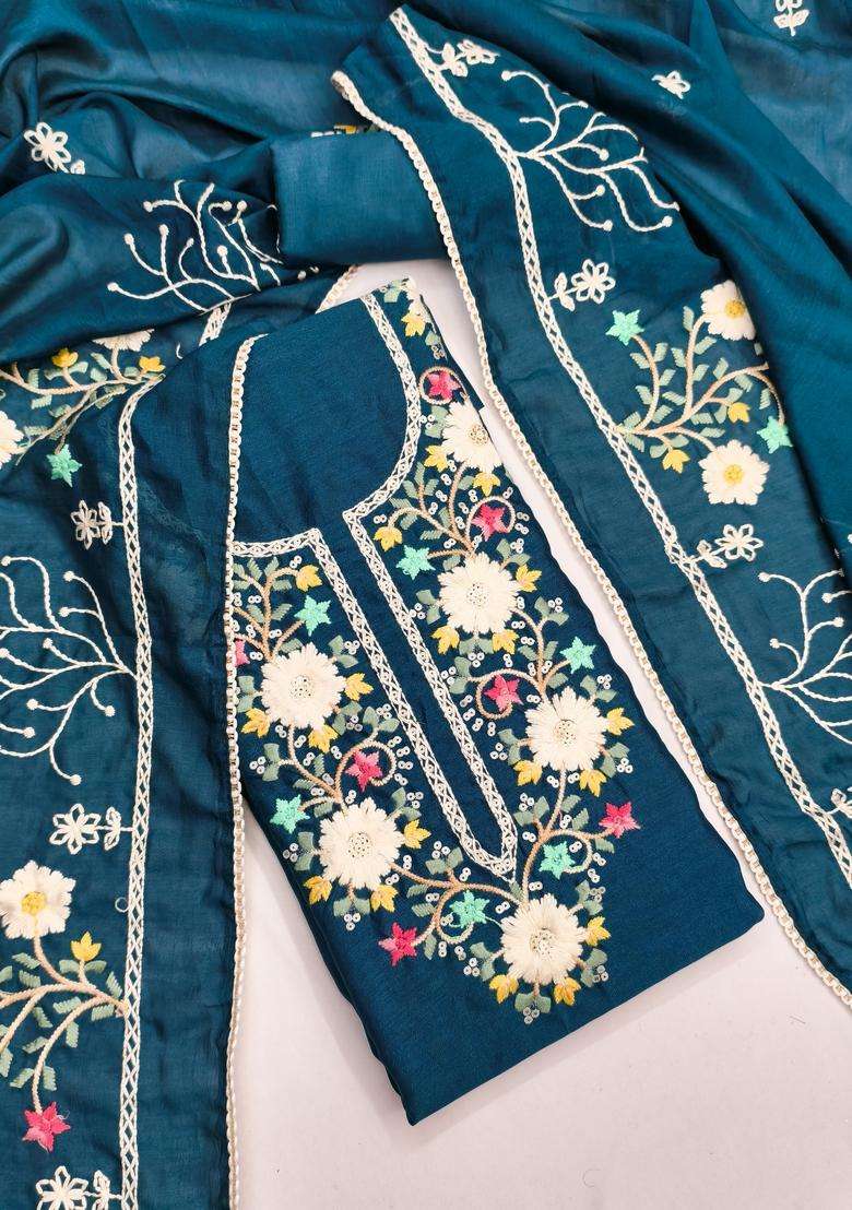 Teal Blue Embroidery Silk Salwar Kameez - Indya
