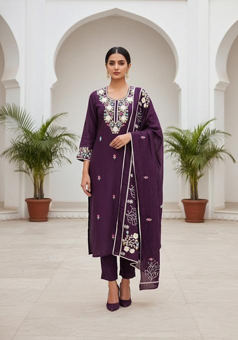 Purple Embroidery Silk Salwar Kameez
