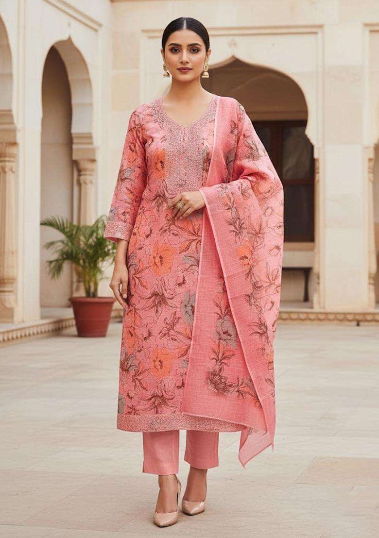 Peach Embroidery Cotton Salwar Kameez - Indya