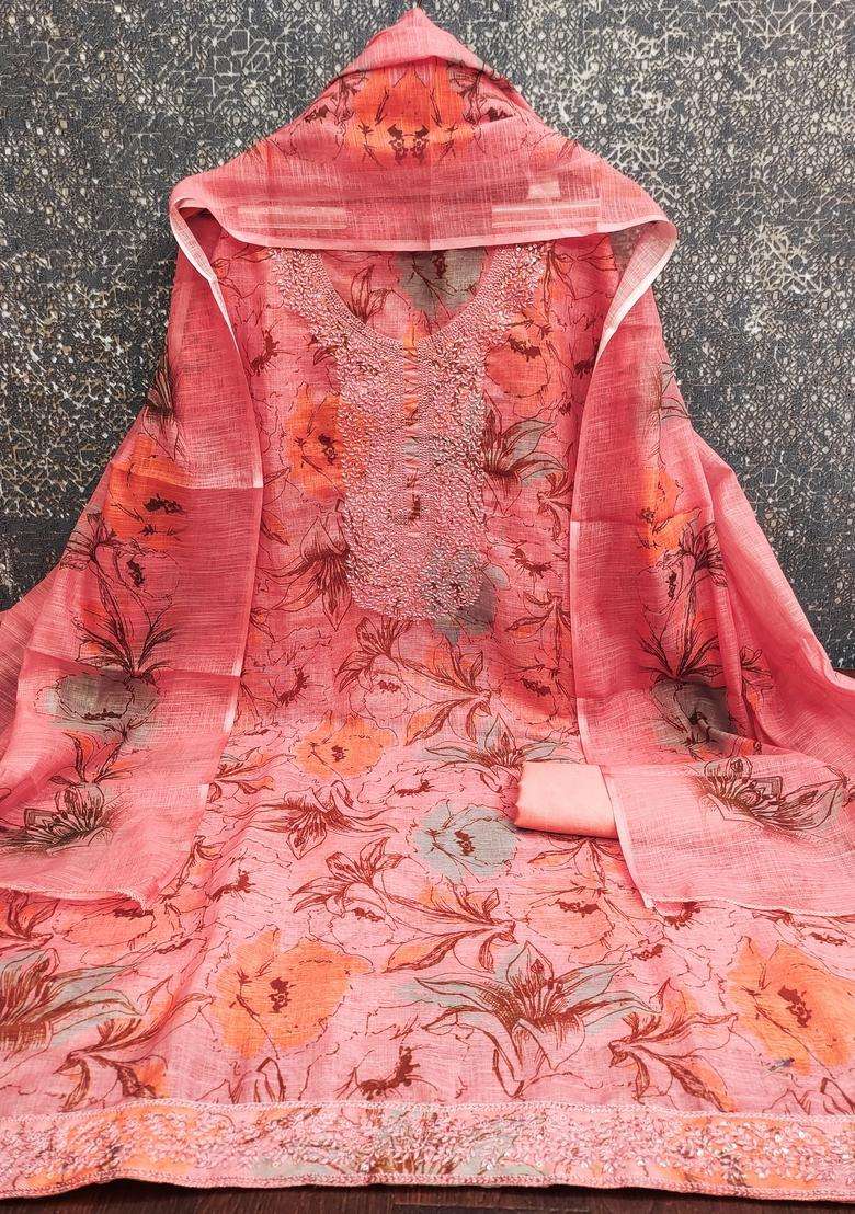 Peach Embroidery Cotton Salwar Kameez - Indya