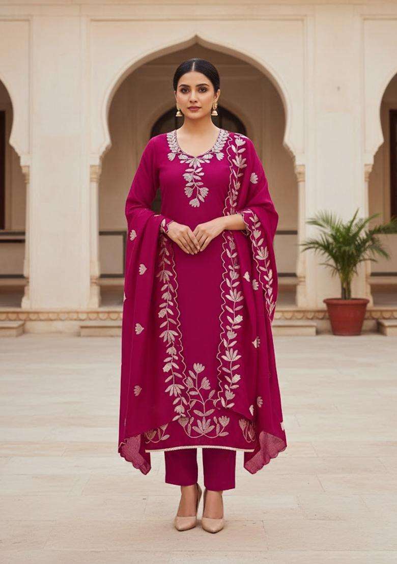 Magenta Embroidery Silk Salwar Kameez - Indya