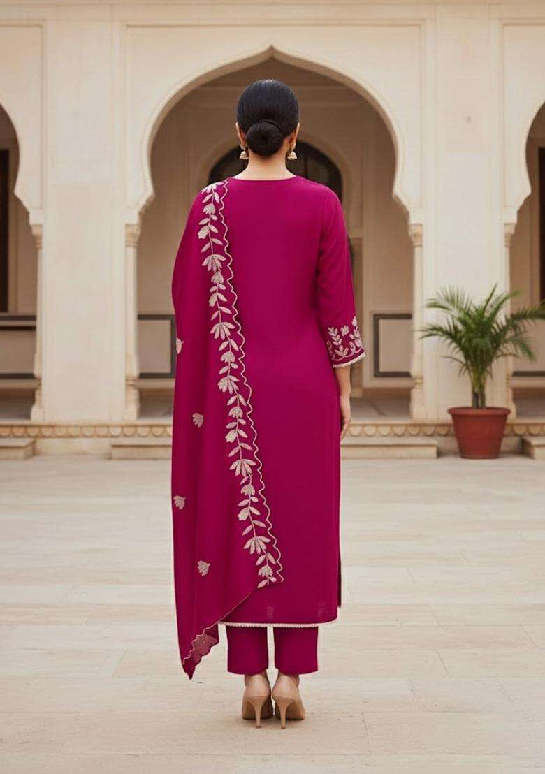 Magenta Embroidery Silk Salwar Kameez - Indya