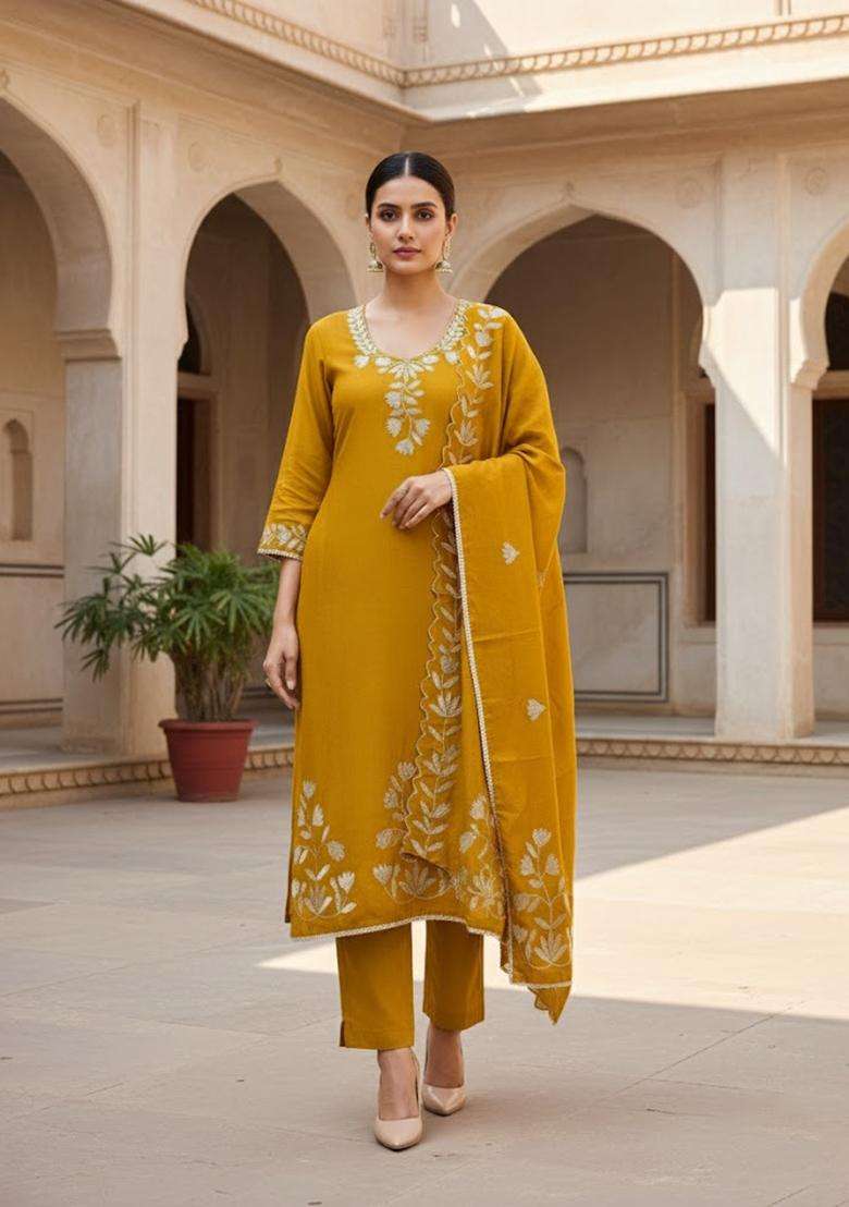 Mustard Embroidery Silk Salwar Kameez - Indya