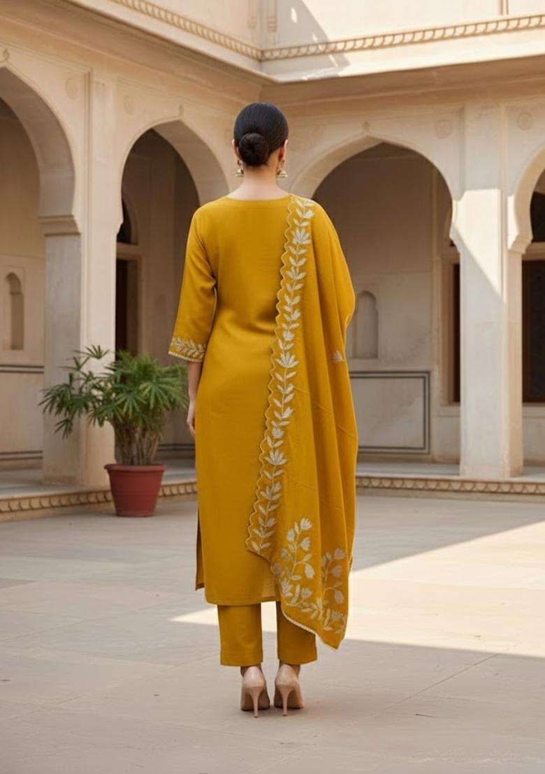 Mustard Embroidery Silk Salwar Kameez - Indya