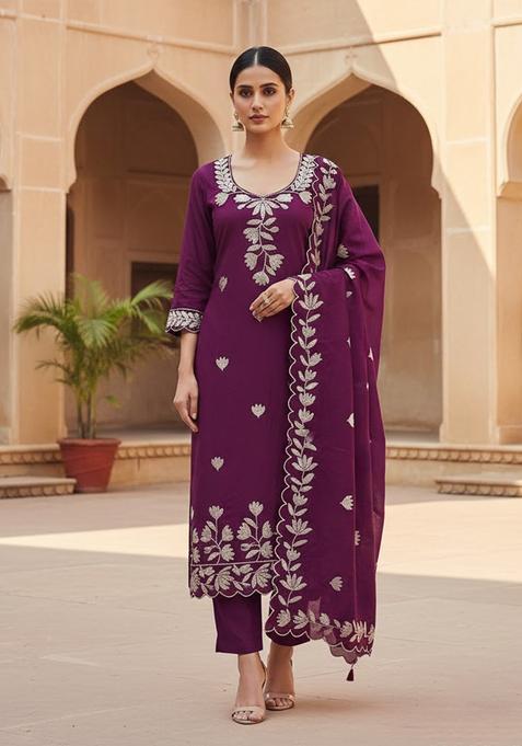 Purple Embroidery Silk Salwar Kameez