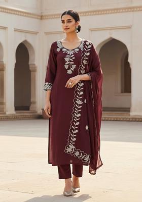 Wine Embroidery Silk Salwar Kameez