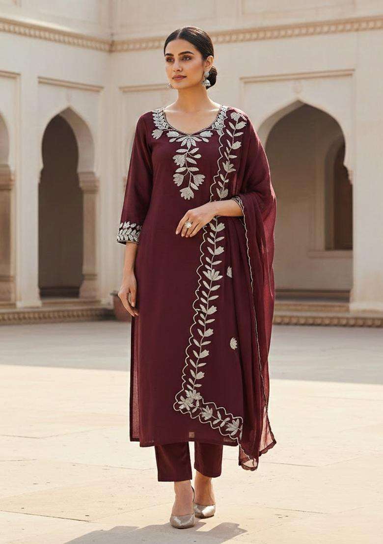 Wine Embroidery Silk Salwar Kameez - Indya