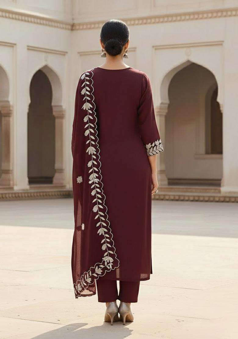 Wine Embroidery Silk Salwar Kameez - Indya