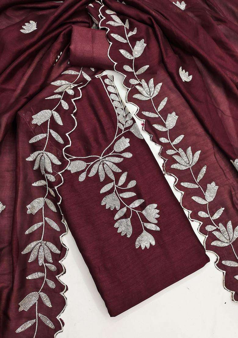 Wine Embroidery Silk Salwar Kameez - Indya