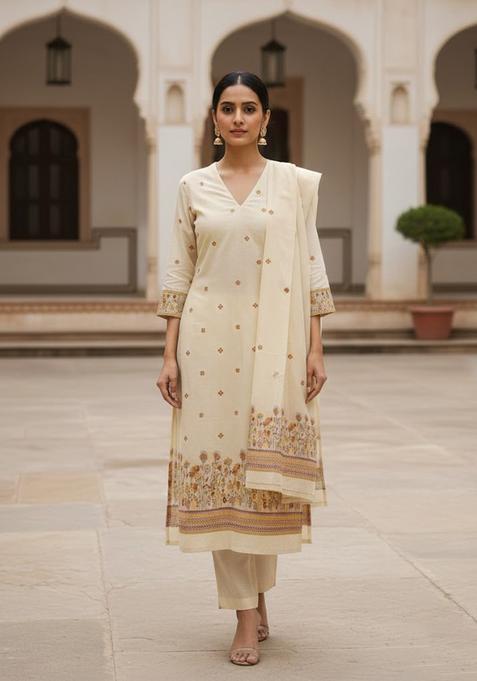 Beige Embroidery Silk Salwar Kameez