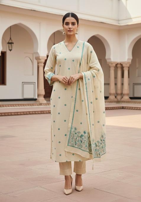 Beige Embroidery Silk Salwar Kameez