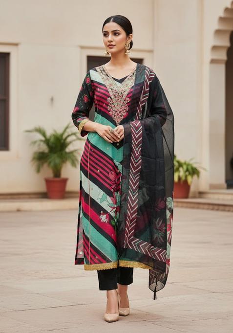 Multicolor Embroidery Silk Salwar Kameez