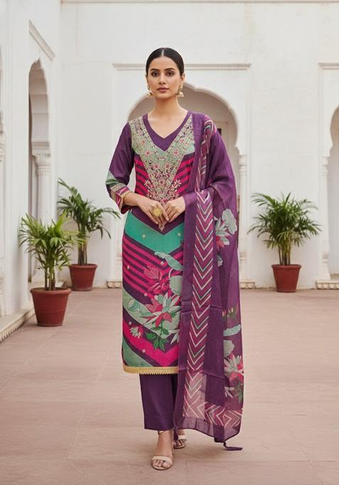 Multicolor Embroidery Silk Salwar Kameez
