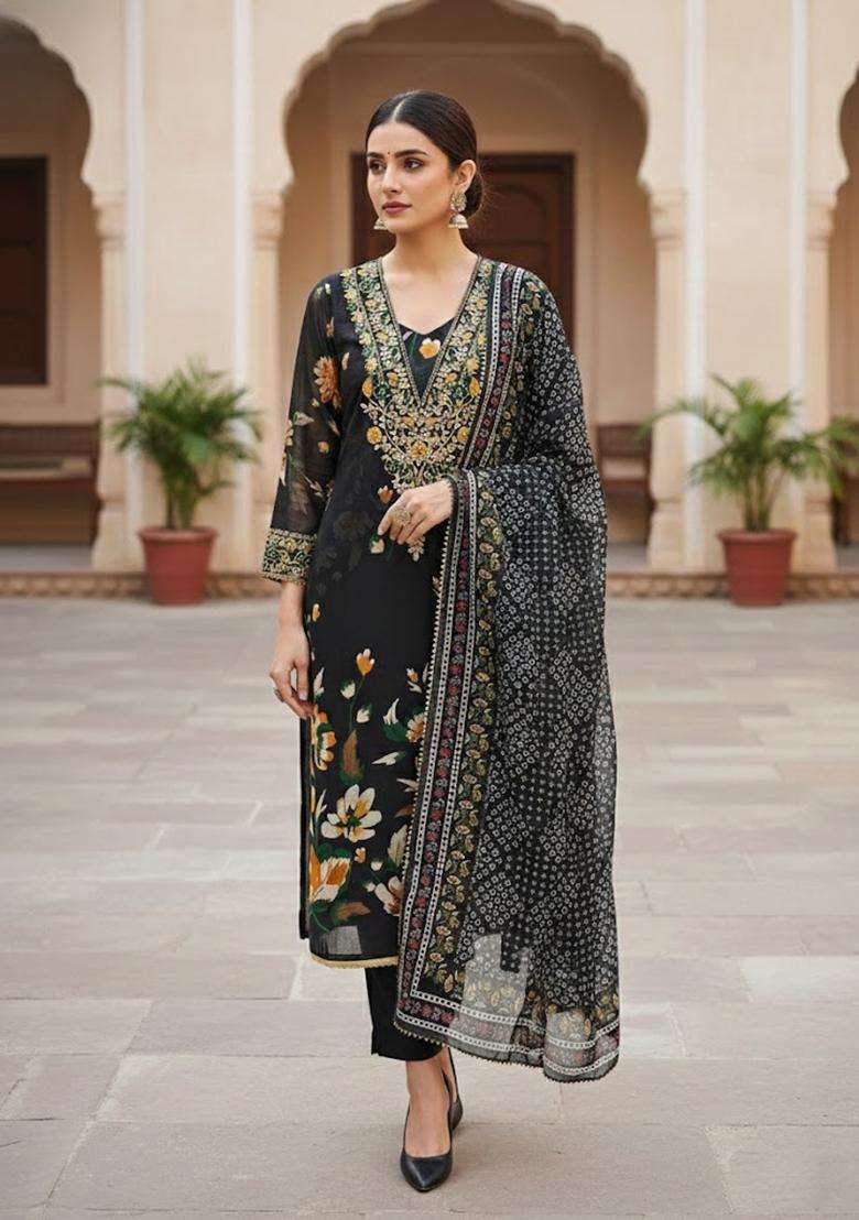Black Embroidery Silk Salwar Kameez - Indya