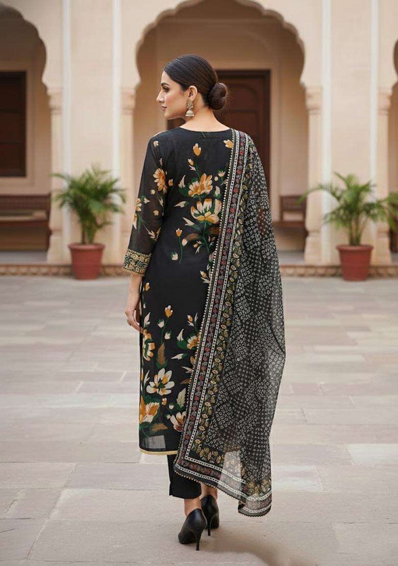 Black Embroidery Silk Salwar Kameez - Indya
