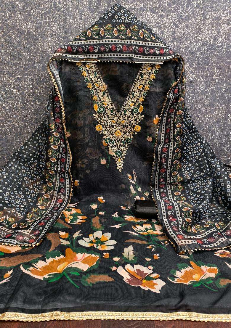 Black Embroidery Silk Salwar Kameez - Indya