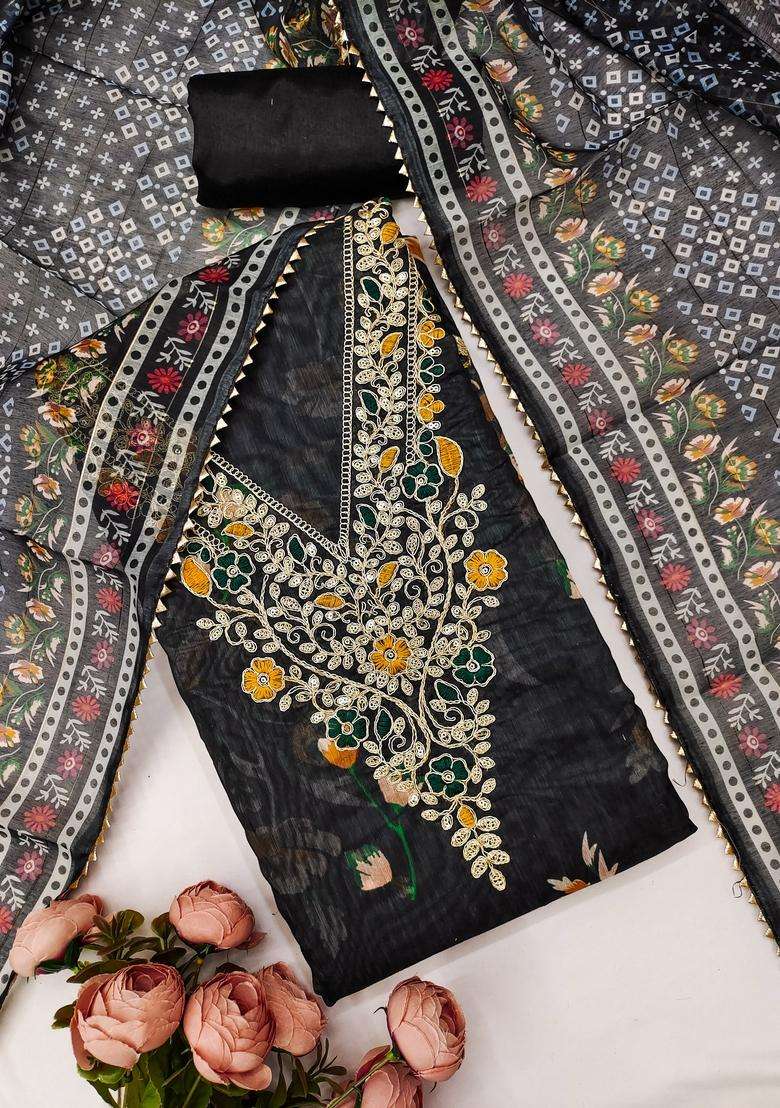 Black Embroidery Silk Salwar Kameez - Indya