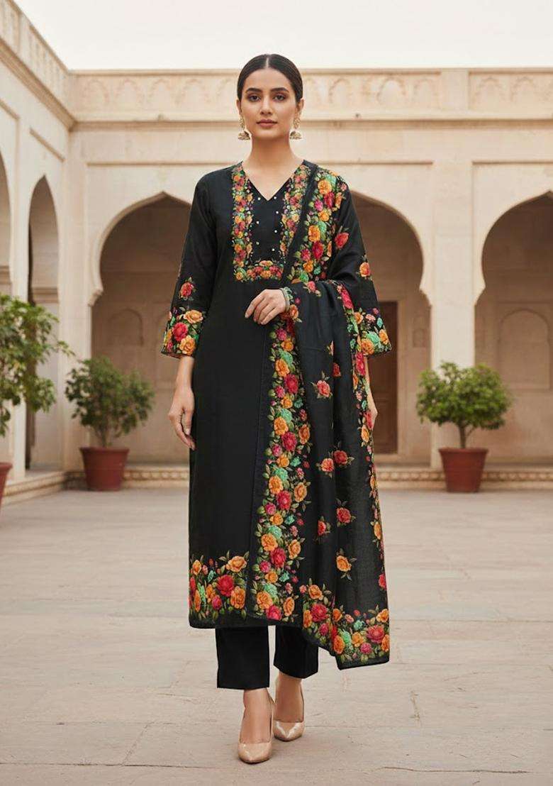 Black Embroidery Silk Salwar Kameez - Indya