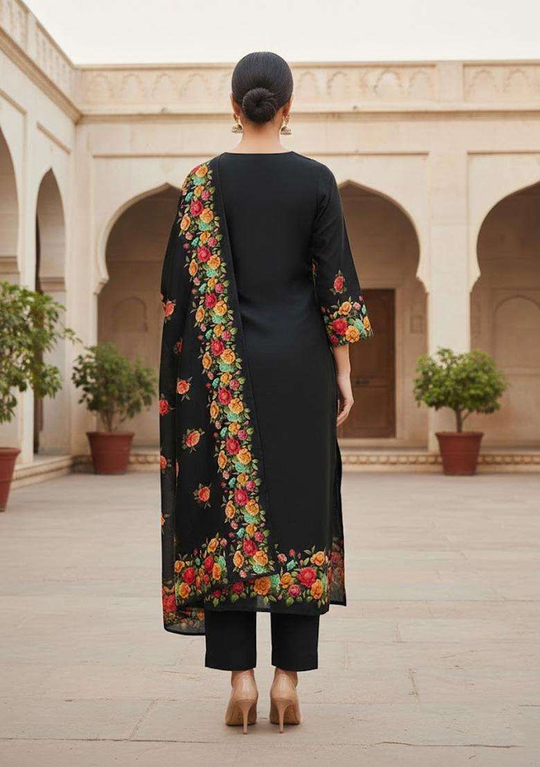 Black Embroidery Silk Salwar Kameez - Indya