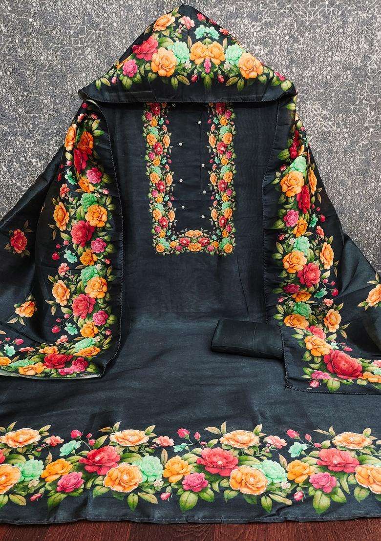 Black Embroidery Silk Salwar Kameez - Indya