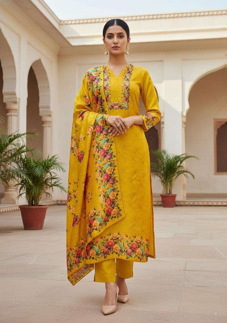 Mustard Embroidery Silk Salwar Kameez - Indya