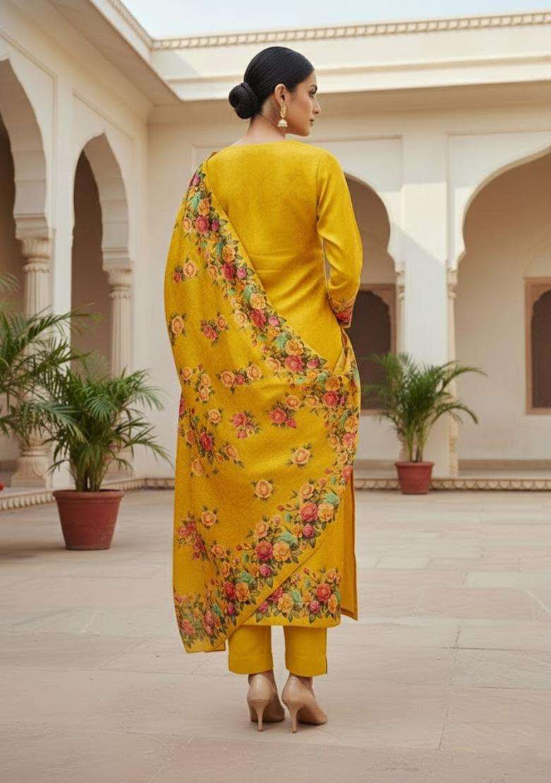 Mustard Embroidery Silk Salwar Kameez - Indya
