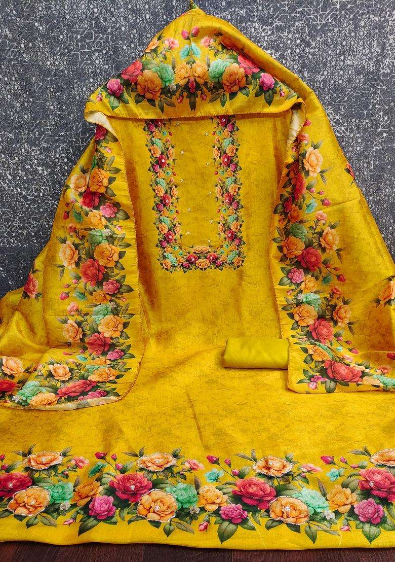 Mustard Embroidery Silk Salwar Kameez - Indya