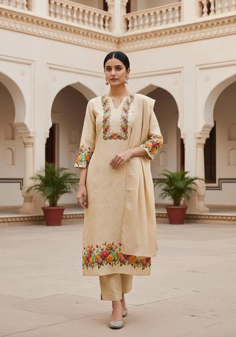 Beige Embroidery Silk Salwar Kameez
