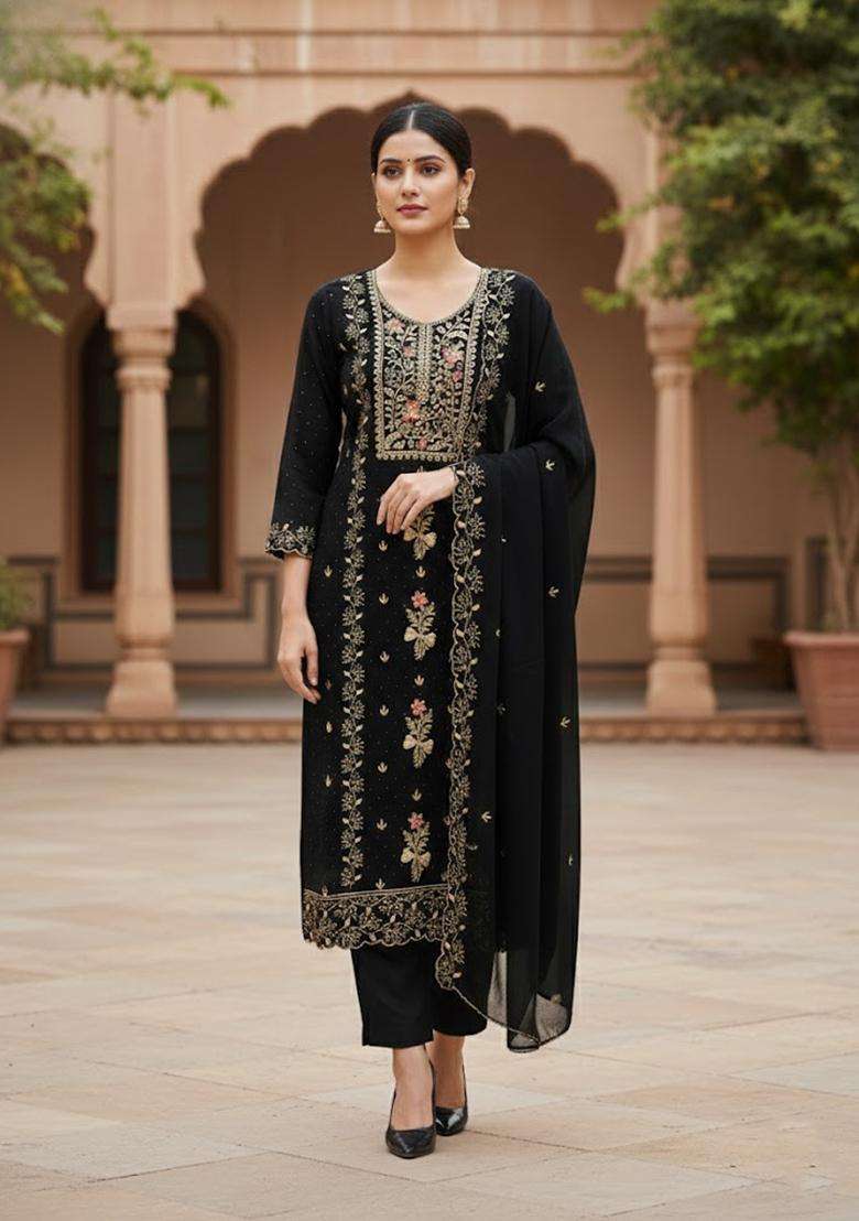 Black Embroidery Georgette Salwar Kameez - Indya