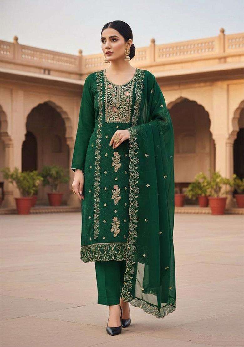Green Embroidery Georgette Salwar Kameez - Indya