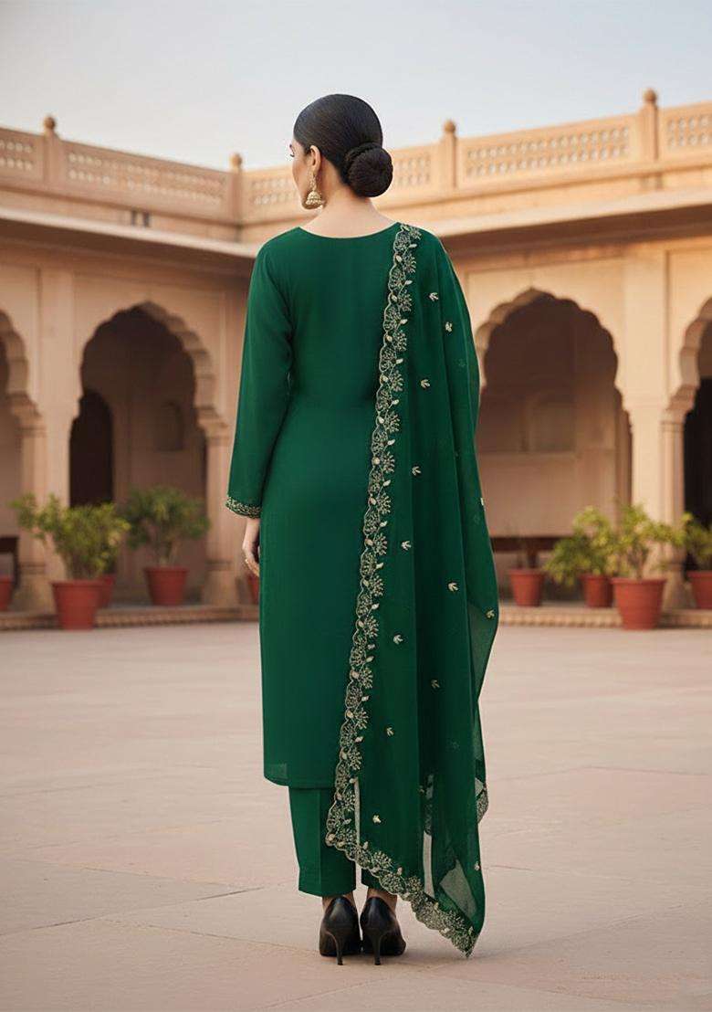Green Embroidery Georgette Salwar Kameez - Indya