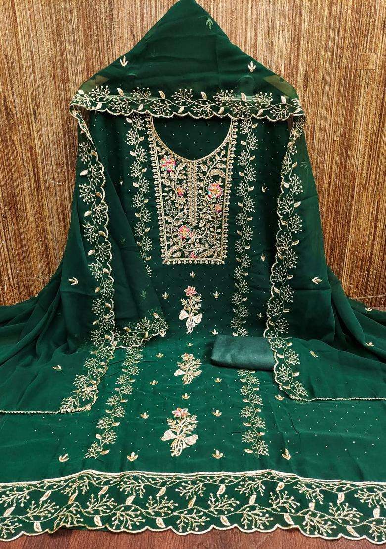 Green Embroidery Georgette Salwar Kameez - Indya