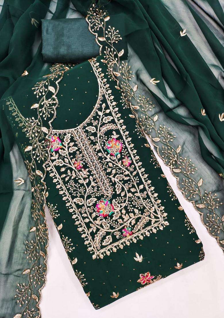 Green Embroidery Georgette Salwar Kameez - Indya