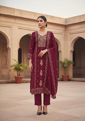 maroon Embroidery Georgette Salwar Kameez