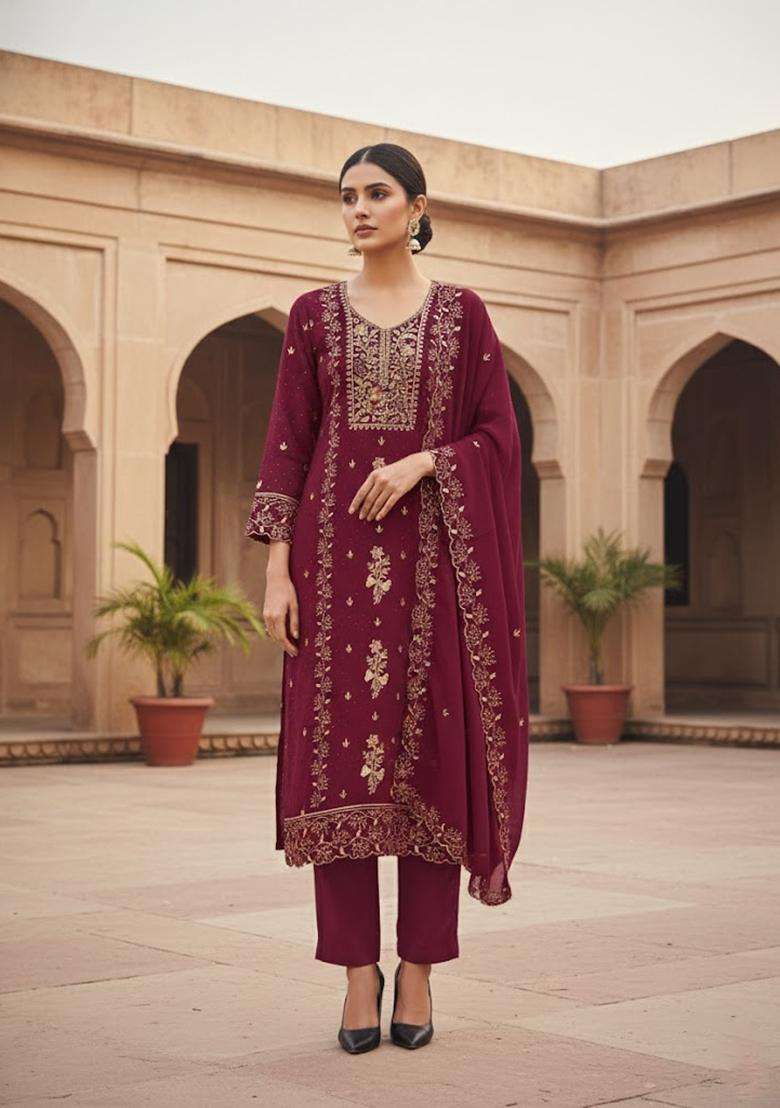 maroon Embroidery Georgette Salwar Kameez - Indya