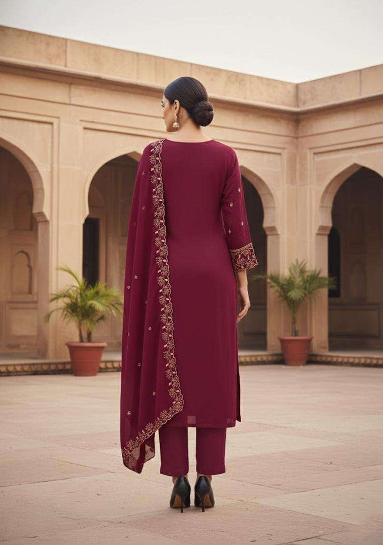 maroon Embroidery Georgette Salwar Kameez - Indya
