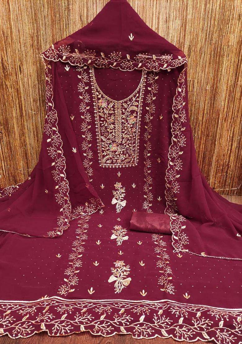 maroon Embroidery Georgette Salwar Kameez - Indya