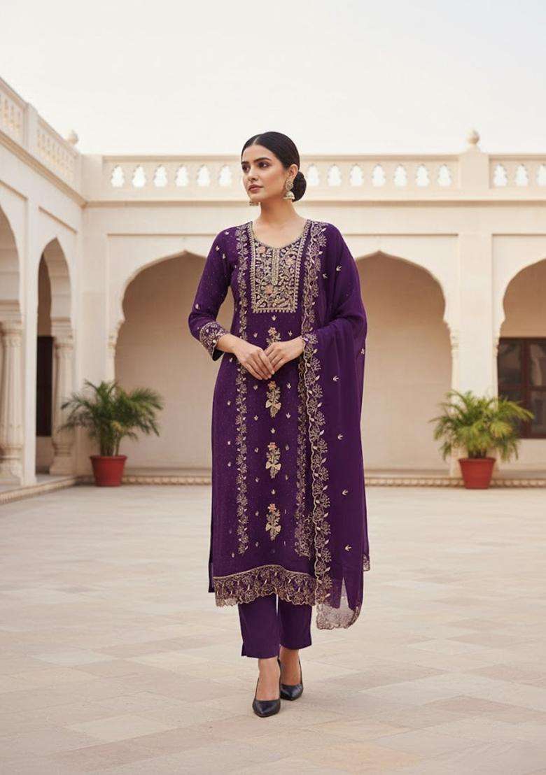 Purple Embroidery Georgette Salwar Kameez - Indya