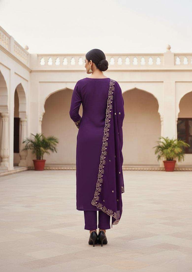Purple Embroidery Georgette Salwar Kameez - Indya
