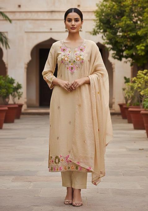 Beige Embroidery Silk Salwar Kameez