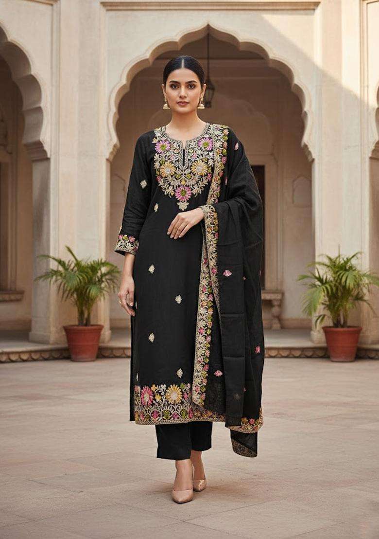 Black Embroidery Silk Salwar Kameez - Indya
