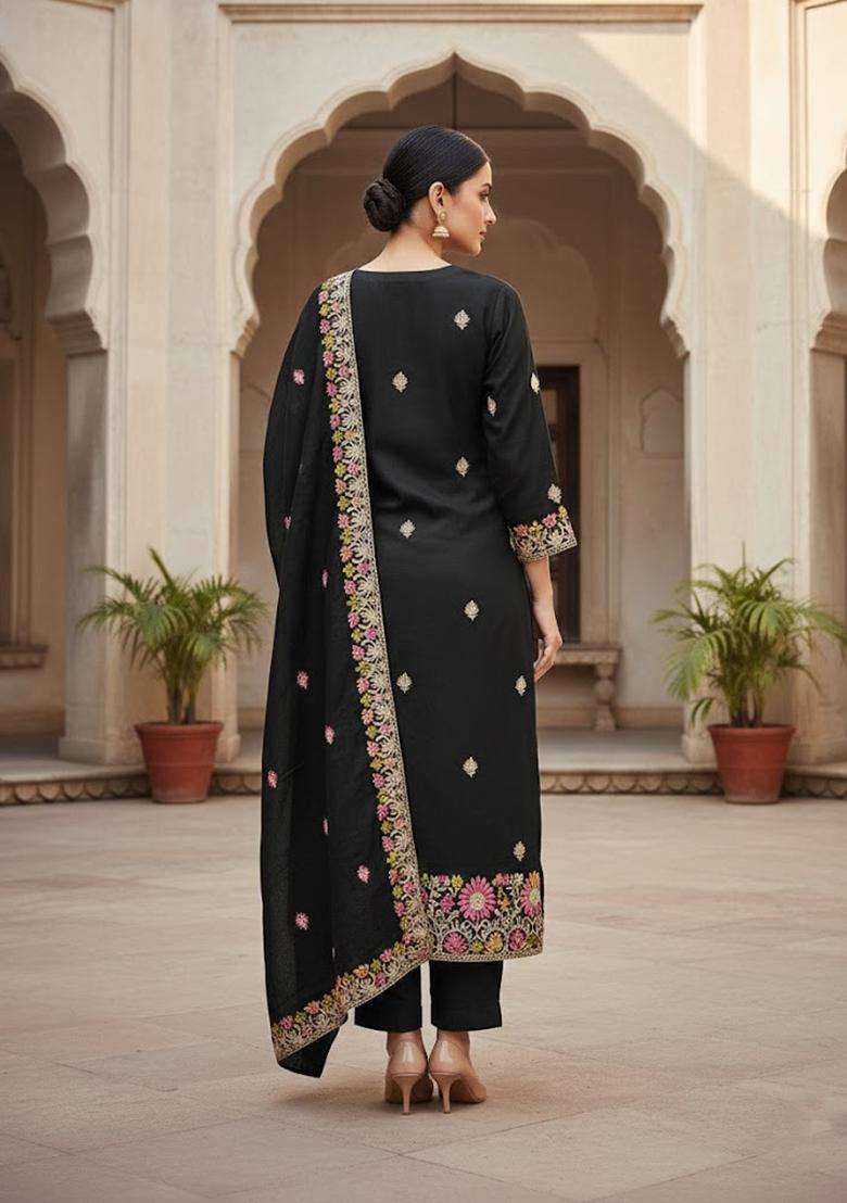 Black Embroidery Silk Salwar Kameez - Indya
