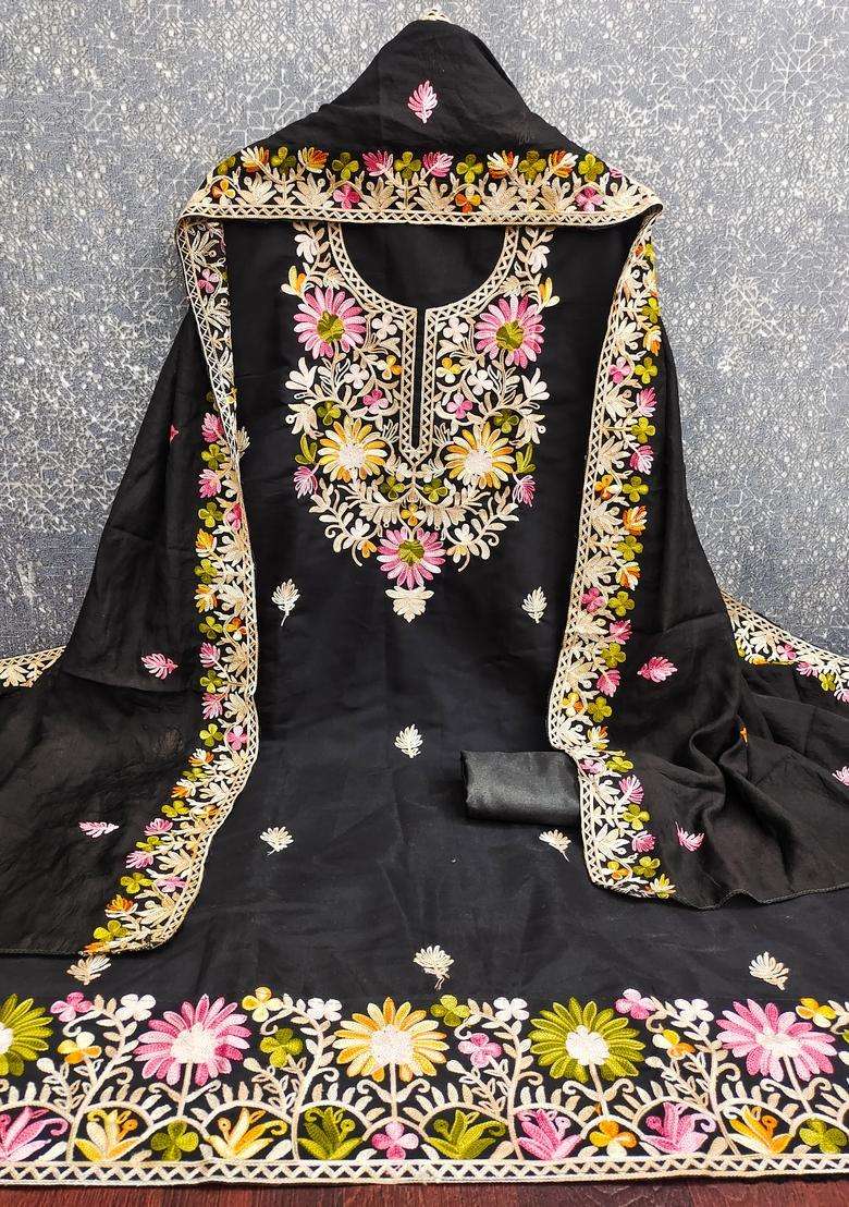 Black Embroidery Silk Salwar Kameez - Indya