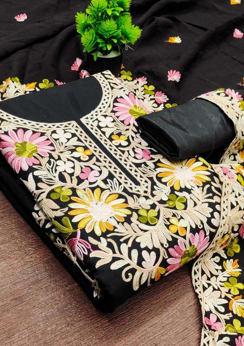 Black Embroidery Silk Salwar Kameez - Indya