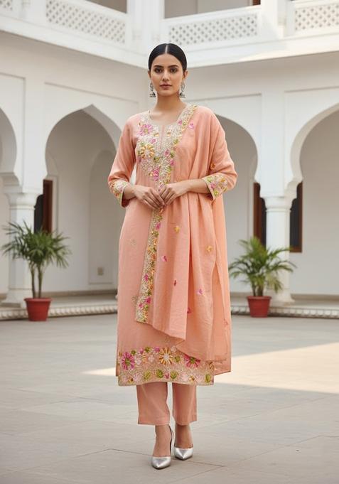 Peach Embroidery Silk Salwar Kameez