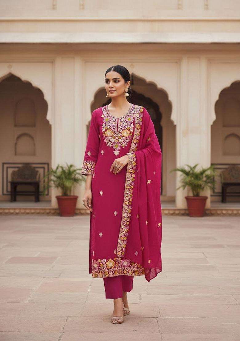 Pink Embroidery Silk Salwar Kameez - Indya