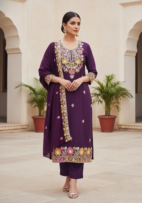 Purple Embroidery Silk Salwar Kameez