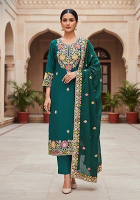 Teal Blue Embroidery Silk Salwar Kameez